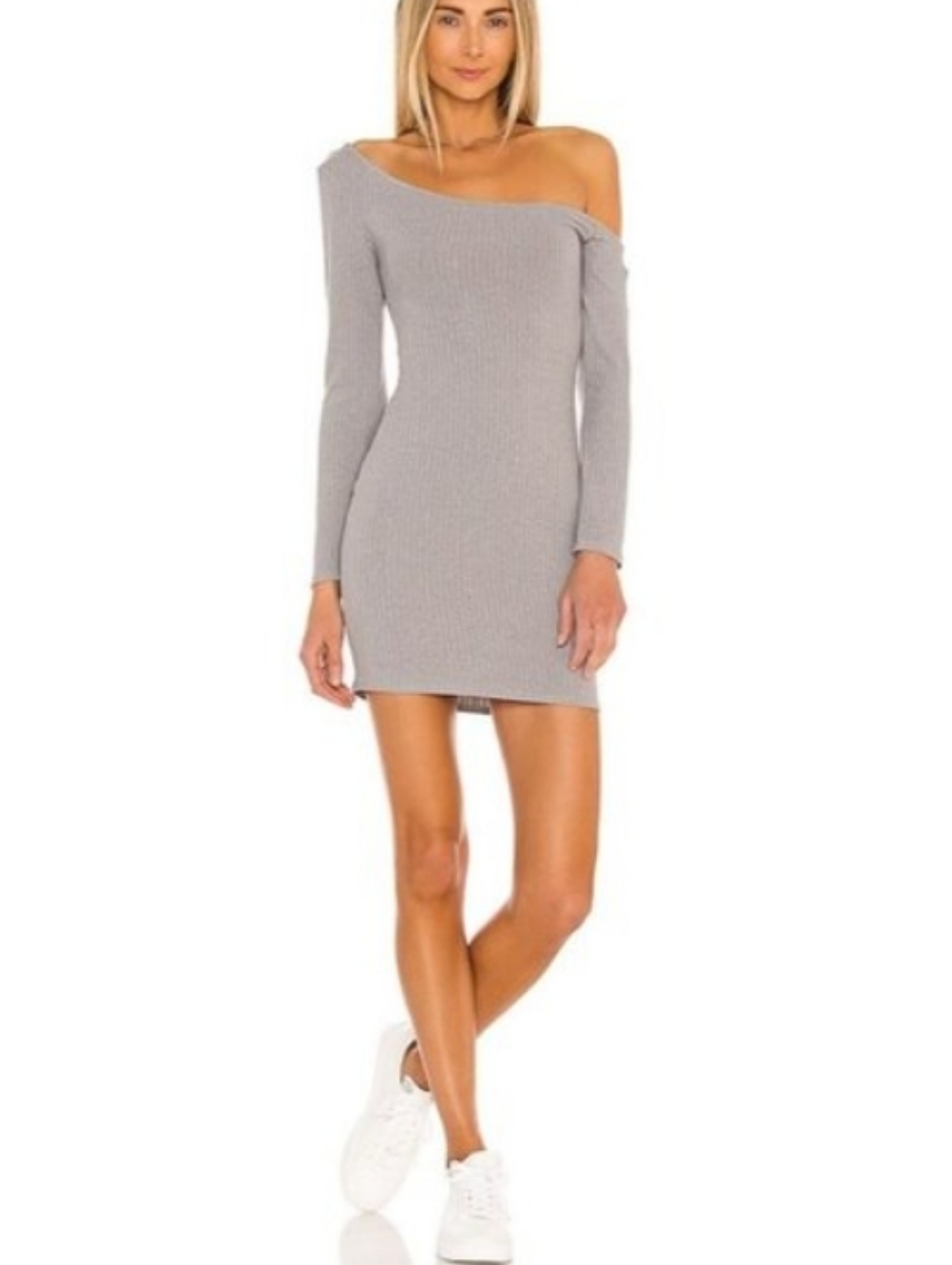 LOVERS + FRIENDS X REVOLVE Gray Ribbed Knit Off Shoulder Long Sleeve Dress Small